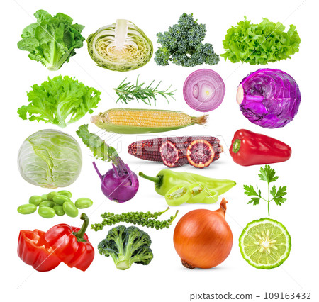 cos; cabbage; Broccoli; Lettuce; Rosemary; corn; kohlrabi; onion; pepper; Parsley; soy; peppercorn; onion on white background 109163432