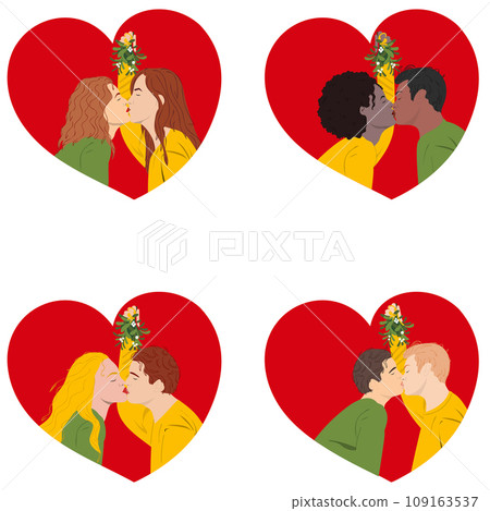Set of couples kissing under Mistletoe. Set of couples kissing under Mistletoe. 109163537
