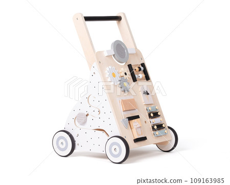 Modern baby pushing toy cart, isolated Modern baby pushing toy cart, isolated 109163985
