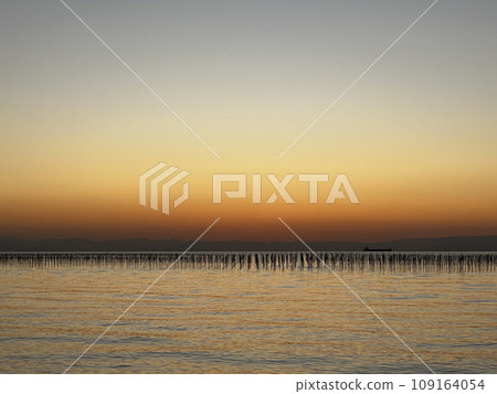 知多半島的海和夕陽,海苔種植柱林立 知多半島的海和夕陽,海苔種植柱林立 109164054