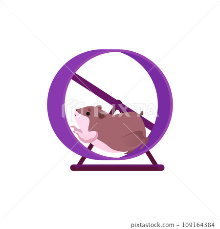 Cute hamster running in jogging wheel, flat vector illustration isolated. 109164384