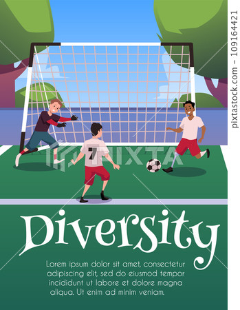 Diversity children playing football vector poster, inclusion boys playing a sports game on the field, kicking the ball Diversity children playing football vector poster, inclusion boys playing a sports game on the field, kicking the ball 109164421