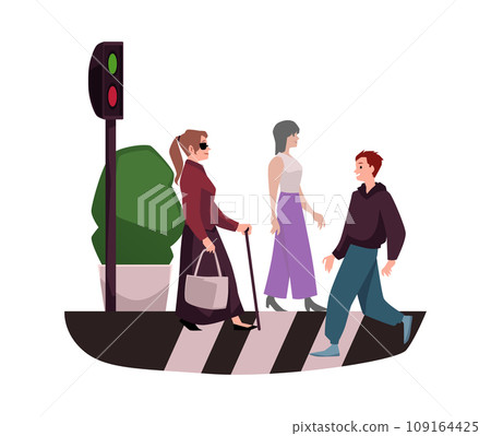 Blind woman crossing the road in the city. Blind woman crossing the road in the city. 109164425
