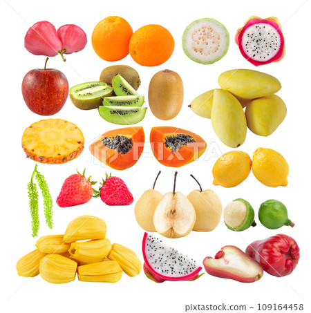 rose apple; orange; guava; Dragon Fruit; apple; kiwi; mango; pineapple; papaya; lemon; Strawberry; pear; macadamia; jack fruit; rose apple; sea grapes on white background rose apple; orange; guava; Dragon Fruit; apple; kiwi; mango; pineapple; papaya; lemon; Strawberry; pear; macadamia; jack fruit; rose apple; sea grapes on white background 109164458