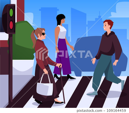 Blind woman with cane stick going along crosswalk with other people. 109164459