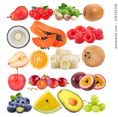 pear; Barbados cherry; coconut; macadamia; papaya; kiwi; raspberry; banana; orange; pear; apple; grape; passion fruits; Blueberries; watermelon; Avocado, star gooseberry on white background pear; Barbados cherry; coconut; macadamia; papaya; kiwi; raspberry; banana; orange; pear; apple; grape; passion fruits; Blueberries; watermelon; Avocado, star gooseberry on white background 109164506