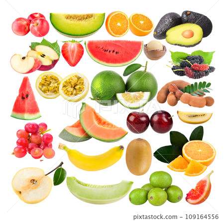 peach; melon; orange; apple; Avocado; Strawberry; watermelon; Macadamia; Mulberry; passion fruit; Tamarind; red cherry plum; banana; grape; pear; Wild olive; fig; kiwi, on white background peach; melon; orange; apple; Avocado; Strawberry; watermelon; Macadamia; Mulberry; passion fruit; Tamarind; red cherry plum; banana; grape; pear; Wild olive; fig; kiwi, on white background 109164556
