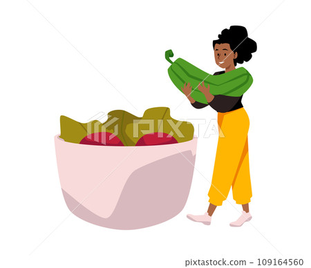 Smiling woman put huge vegetables in bowl flat style Smiling woman put huge vegetables in bowl flat style 109164560