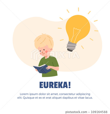 Cute little boy reading book, thinking and having good idea, Eureka cartoon poster, huge light bulb, vector child idea Cute little boy reading book, thinking and having good idea, Eureka cartoon poster, huge light bulb, vector child idea 109164588