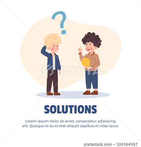 Solutions banner with children have smart idea, flat vector illustration. Solutions banner with children have smart idea, flat vector illustration. 109164597