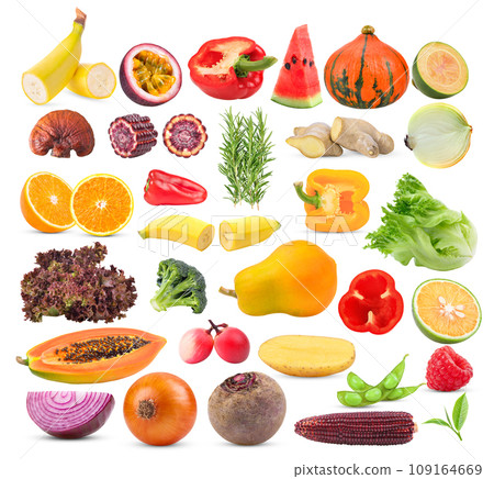 banana; Passion fruit; Lingzhi Mushroom; corn; orange; pepper; rosemary; watermelon; pumpkin; ginger; onion; lettuce; broccoli; papaya; areca; acidless; carissa; potato; soy; onion; raspberry on white 109164669