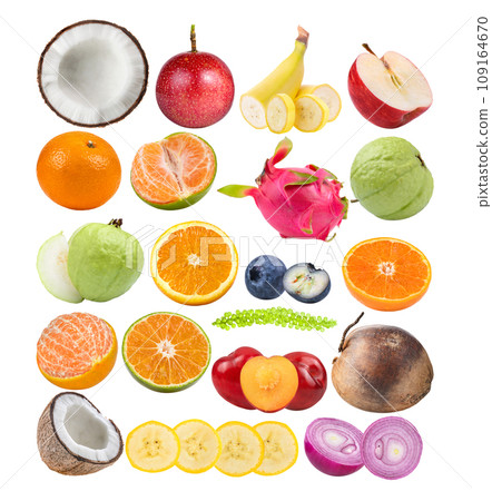 coconut; Passion fruit; orange; orange tangerine; guava; banana; apple; onion; coconut; plum; Sea grapes, bluberry on white background 109164670