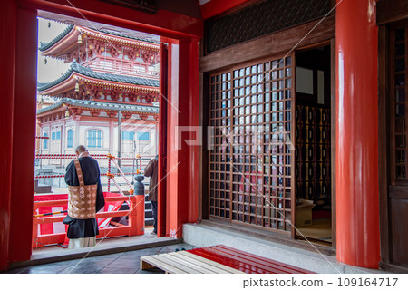 Five-storied pagoda seen from inside the main hall of Tsu Kannon, Tsu City, Mie Prefecture Five-storied pagoda seen from inside the main hall of Tsu Kannon, Tsu City, Mie Prefecture 109164717