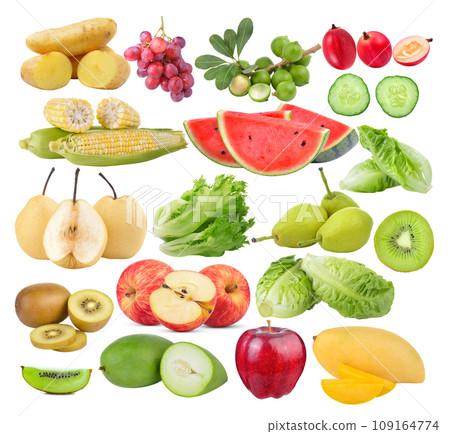 potato; macadamia; corn; watermelon; Carissa carandas Linn; pear; lettuce; cos; pear; kiwi; apple; cos; mongo, on white background 109164774