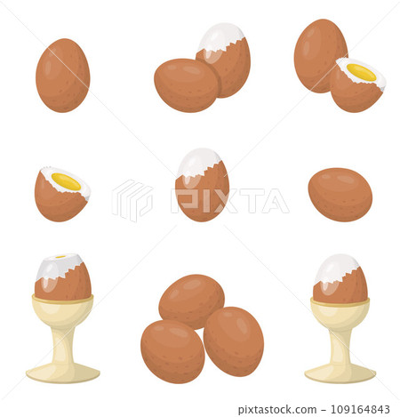 A set of boiled chicken eggs. The eggs are peeled and in the shell, on a stand. Vector 109164843