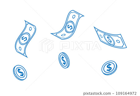 Flying coins and banknotes - dollar line drawing Flying coins and banknotes - dollar line drawing 109164972