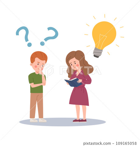 Cute little girl reading book and having good idea for answers, boy thinking, vector light bulb and question marks Cute little girl reading book and having good idea for answers, boy thinking, vector light bulb and question marks 109165058