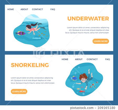 Children swimming underwater with many fish, banners with cartoon vector 109165180