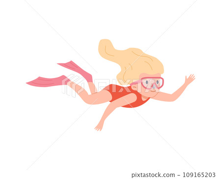 Girl in diving mask and flippers swimming isolated on white background, snorkeler kid vector illustration 109165203