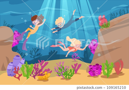 Snorkeling children with masks, tubes and flippers scene flat style 109165210