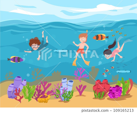 Snorkeling activity, vector children in diving mask swimming in sea observing fauna of coral reef, marine adventures 109165213