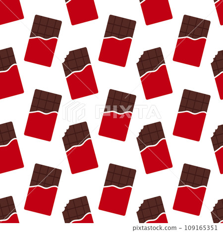 Seamless pattern with red packaging chocolate bars. Whole and bitten chocolate bar. Cartoon style. Vector flat background. Seamless pattern with red packaging chocolate bars. Whole and bitten chocolate bar. Cartoon style. Vector flat background. 109165351