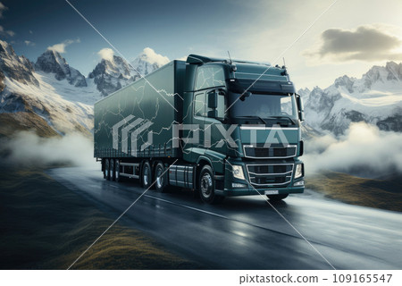 Truck is driving along the autobahn in the mountains in the fog 109165547