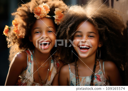 Two African happy girls laughing Two African happy girls laughing 109165574