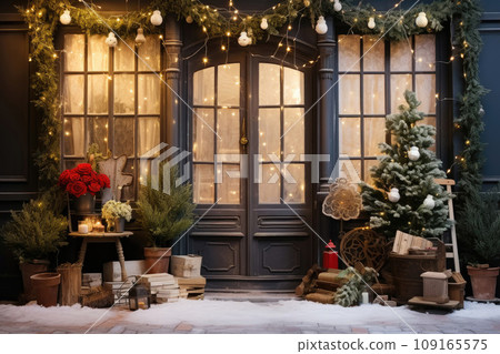 Entrance doors of a private house decorated for Christmas 109165575
