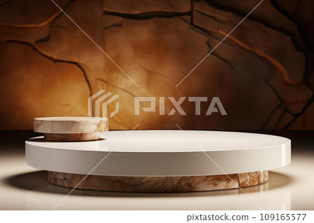 Two cylindrical stone boards with plant shadows on brown background for product demonstration Two cylindrical stone boards with plant shadows on brown background for product demonstration 109165577