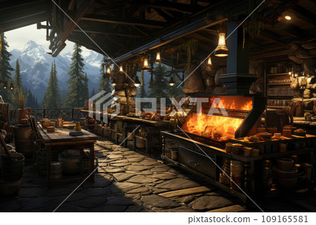 Barbecue and summer recreation area in the backyard of a private house in a natural rustic style 109165581