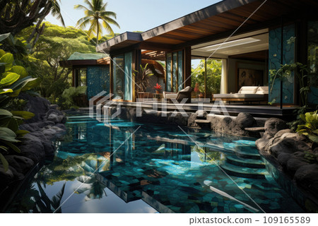 Pool or lake in the garden of a tropical villa 109165589