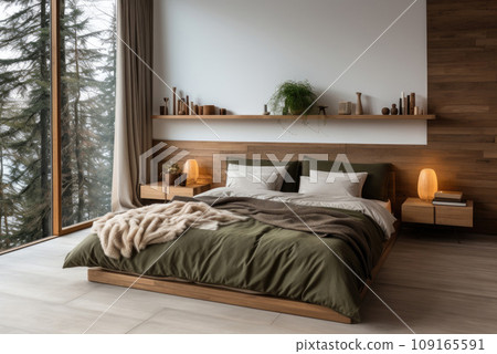 Cozy stylish Scandinavian bedroom interior in natural shades with a large French window 109165591