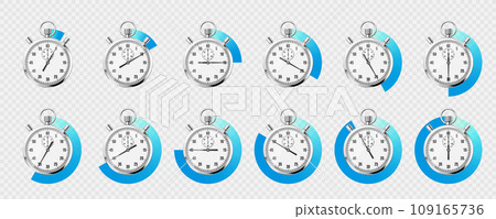 Realistic classic stopwatch. Shiny metal chronometer, time counter with dial. Blue countdown timer showing minutes and seconds. Time measurement for sport, start and finish. Vector illustration Realistic classic stopwatch. Shiny metal chronometer, time counter with dial. Blue countdown timer showing minutes and seconds. Time measurement for sport, start and finish. Vector illustration 109165736