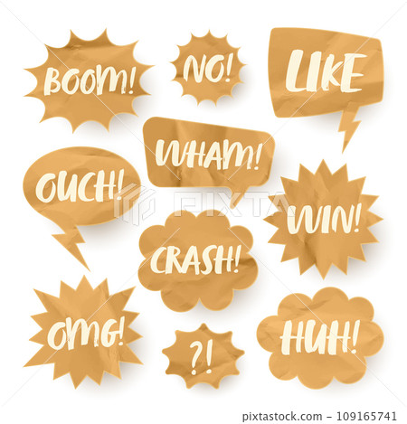 Crumpled paper comic speech bubbles. Hand drawn retro cartoon stickers with text. Pop art style. Old, vintage dialog boxes with cardboard texture. Vector illustration 109165741
