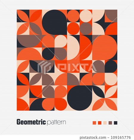 Geometric trendy pattern, Bauhaus style. Modern colorful background with simple elements. Retro texture with basic geometric shapes. Print design, minimalist poster cover. Vector illustration Geometric trendy pattern, Bauhaus style. Modern colorful background with simple elements. Retro texture with basic geometric shapes. Print design, minimalist poster cover. Vector illustration 109165776