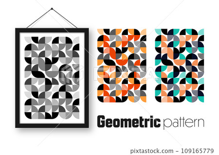 Picture frame with geometric trendy pattern, Bauhaus style. Modern background, simple elements. Retro texture, basic geometric shapes. Print design, minimalist poster cover. Vector illustration 109165779