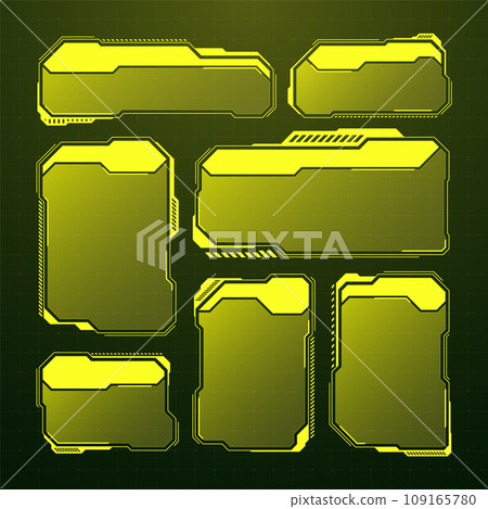 Yellow futuristic HUD, UI elements. Sci-fi user interface text boxes, callouts. Warning message frames, information boxes template. Modern game interface layout in digital style. Vector illustration 109165780
