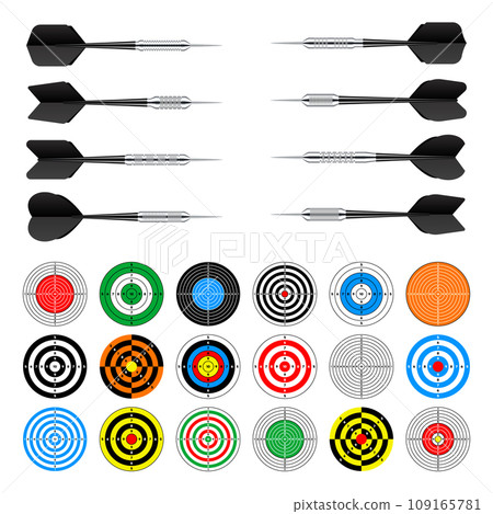 Paper targets with dart arrows. Shooting range round target, divisions, marks and numbers. Gun shooting practise and training, sport competition, hunting. Bullseye and aim. Vector illustration 109165781