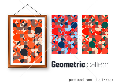 Picture frame with geometric trendy pattern, Bauhaus style. Modern background, simple elements. Retro texture, basic geometric shapes. Print design, minimalist poster cover. Vector illustration 109165783
