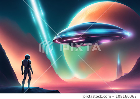 Female alien watching a flying saucer. Generative AI 109166362