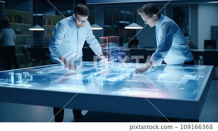Two Experts Gathered Around Holographic Table 109166368