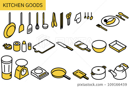 廚房用具的線條畫插圖，簡單等距 109166439