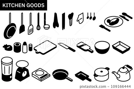 廚房用具的線條畫插圖，簡單等距 109166444