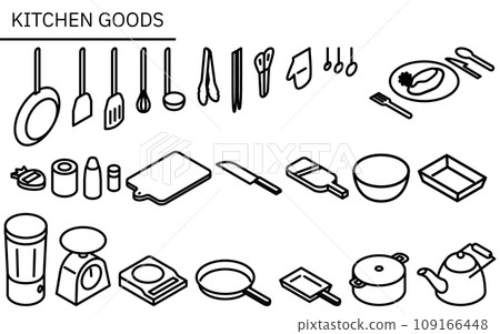 Line drawing illustration of kitchen utensils, simple isometric Line drawing illustration of kitchen utensils, simple isometric 109166448