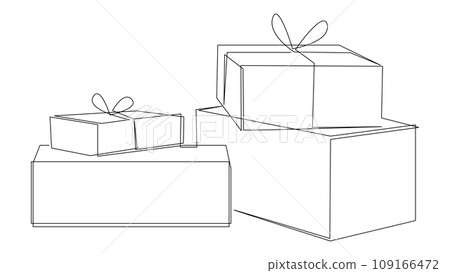 Presents continuous line drawing. Gift boxes tied with ribbon one line art style. Vector illustration. Presents continuous line drawing. Gift boxes tied with ribbon one line art style. Vector illustration. 109166472