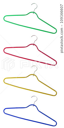 Set of colored plastic empty hanger with a hook on a white background. Set of colored plastic empty hanger with a hook on a white background. 109166607