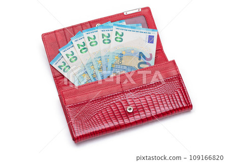 Opened Red Women Purse with 20 Euro Banknotes Inside - Isolated on White Opened Red Women Purse with 20 Euro Banknotes Inside - Isolated on White 109166820