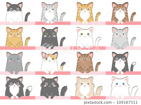 Cat_Nyans with various patterns hanging their hands on the window frame_Background white 109167311
