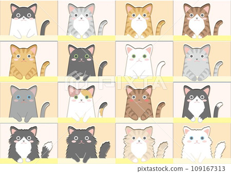 Cat_Nyans with various patterns with their hands slightly hanging on the window frame_Background yellow Cat_Nyans with various patterns with their hands slightly hanging on the window frame_Background yellow 109167313